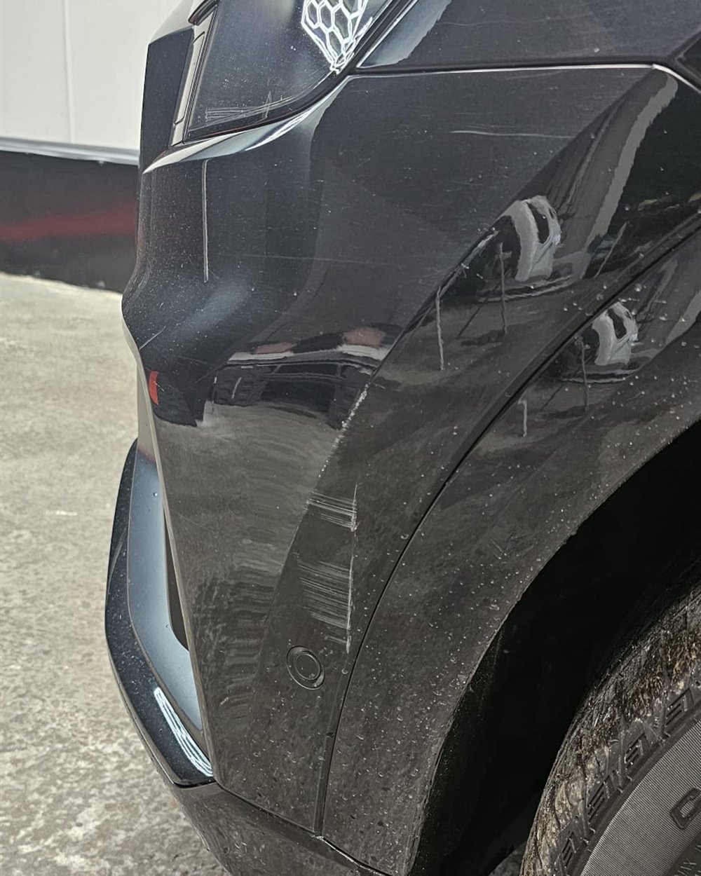 A crease in a rear quarter panel being assessed for paintless dent removal